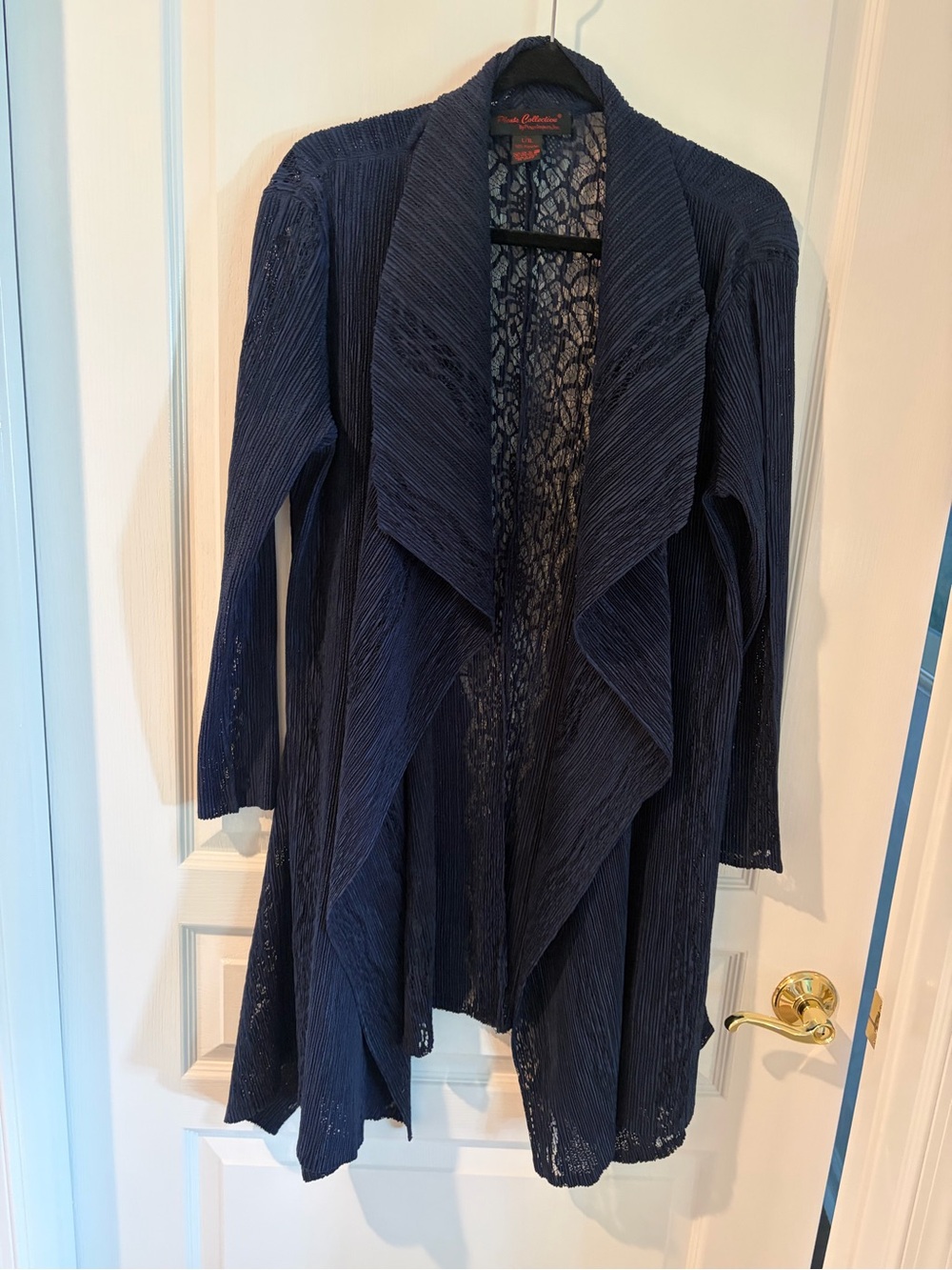 Women's Navy Micro Pleat and Lace Long Open Cardigan Blazer Jacket